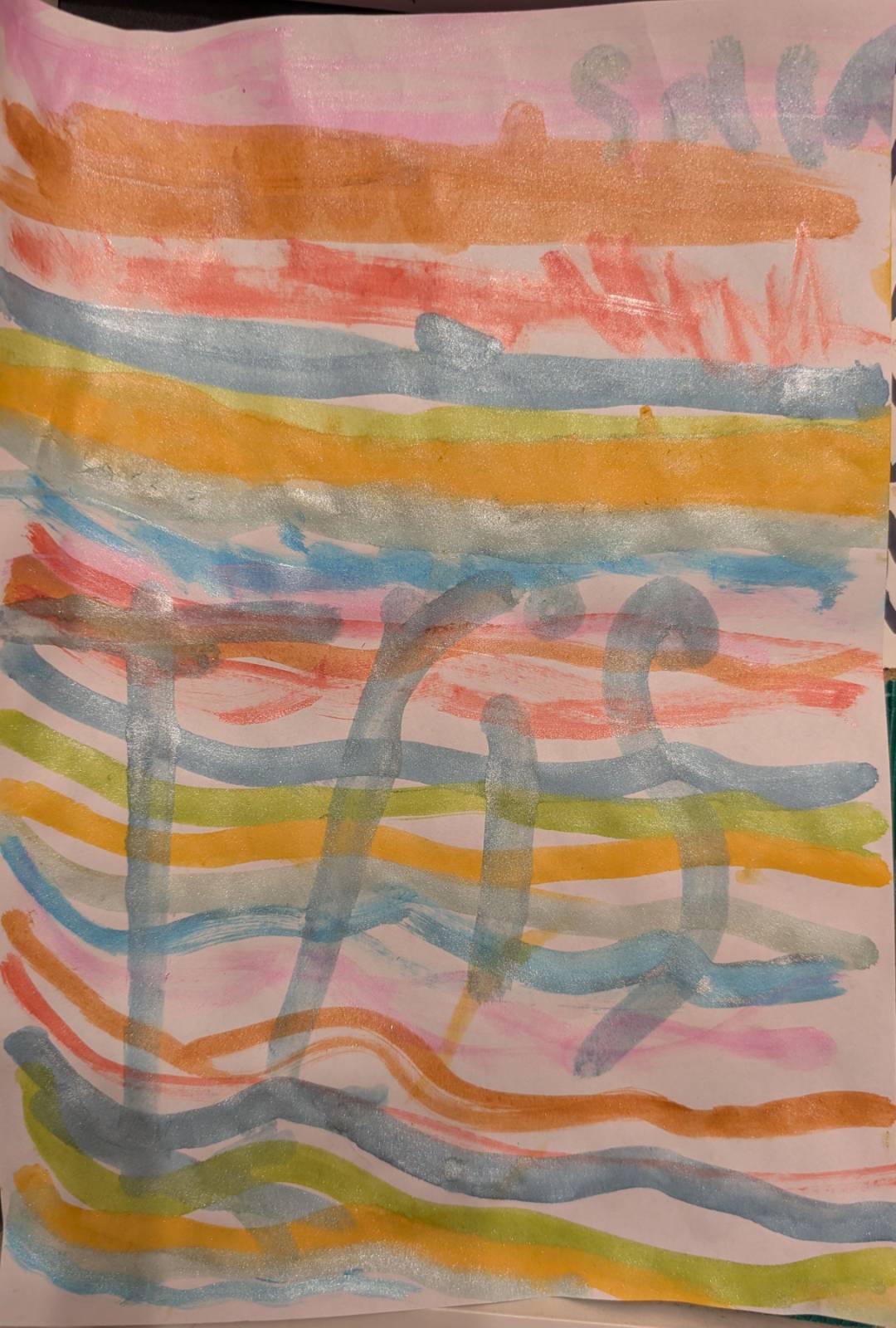Horizontal rainbow-coloured watercolour stripes with a silver wave pattern overlay